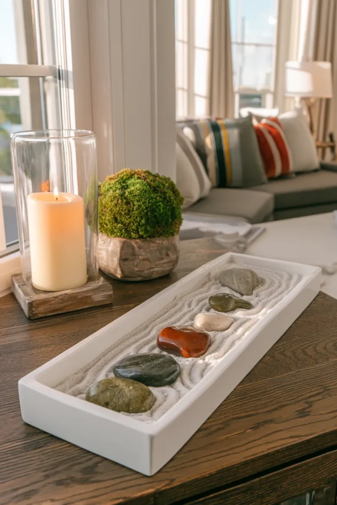 White Stone Landscaping Ideas for a Clean, Modern Outdoor Space 7 Small zen garden with white sand and stones on a tabletop