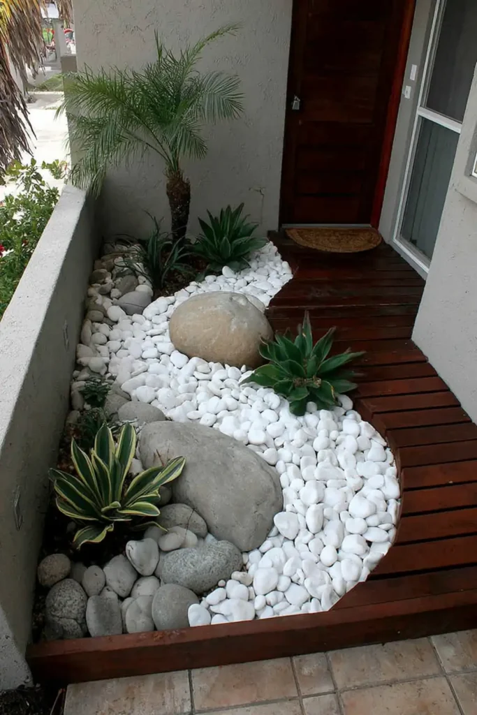 Minimal Zen garden with white pebbles and simple stone arrangement in a calm setting