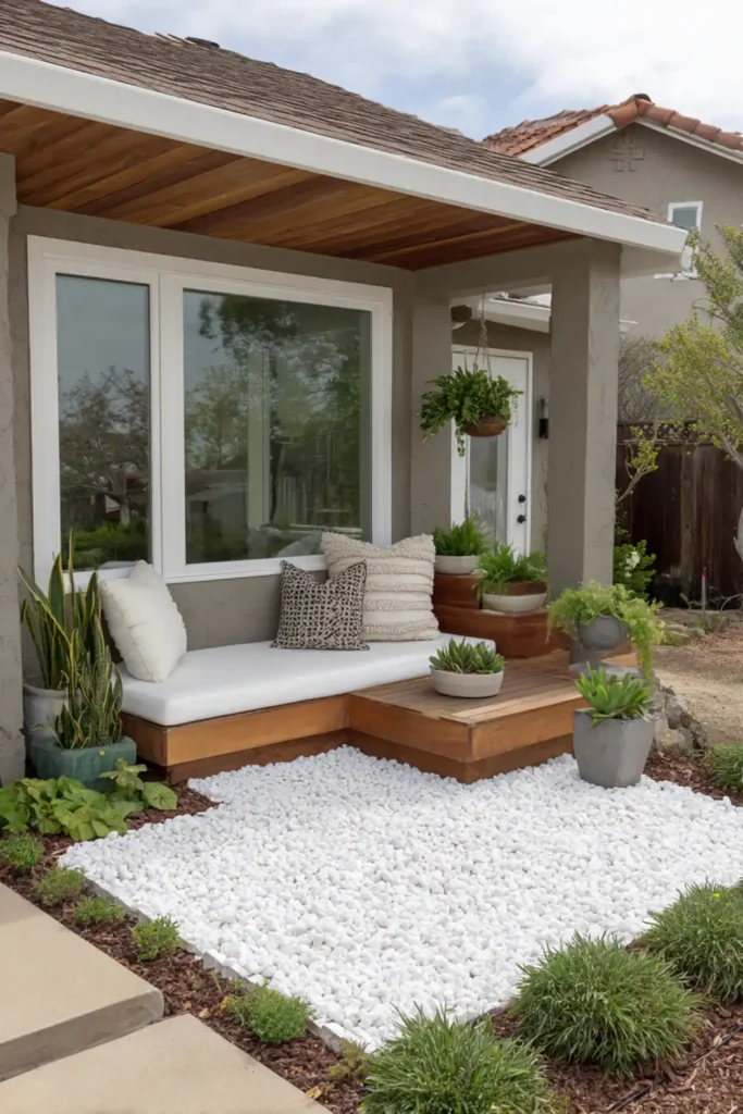 White Stone Landscaping Ideas for a Clean, Modern Outdoor Space 14 Minimalist patio with white gravel base and simple seating
