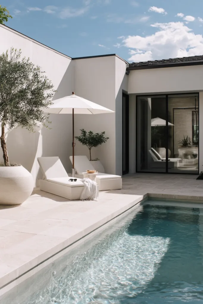 Stunning Backyard Pool Lounge Decor Ideas 4 Minimalist white backyard pool lounge decor with modern chaise loungers beside a pool