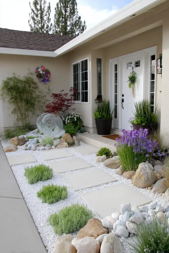 modern xeriscape front yard with geometric layout and minimal plants