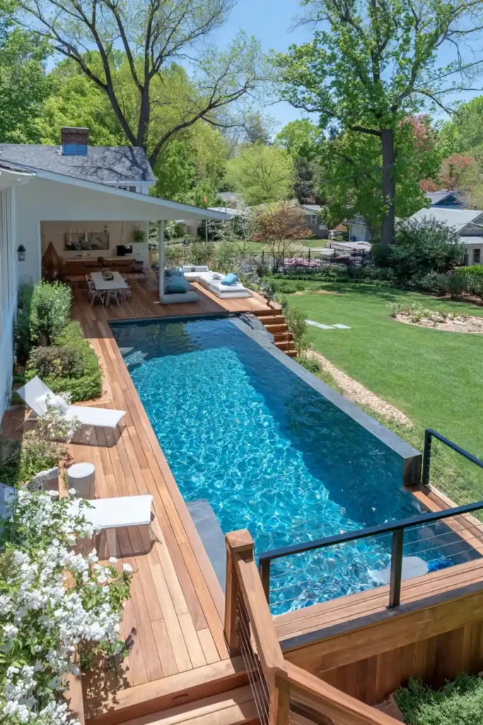 Wooden pool deck with slim black baluster railings and open backyard view