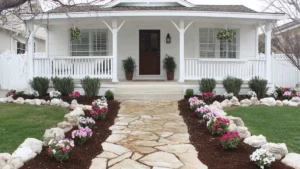 Modest Front Yard Ideas with stone walkway, shrubs, and simple landscaping in natural daylight