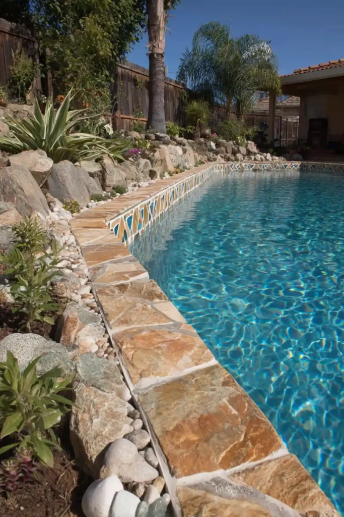 Above Ground Pool Retaining Wall Ideas That Make Your Backyard Feel Finished 5 Above ground pool retaining wall decorated with colorful mosaic tile accents reflecting sunlight