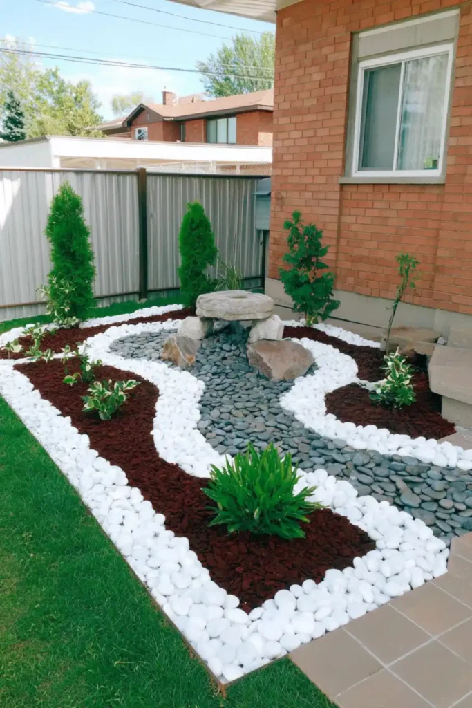 Garden bed combining mulch and pebbles with shrubs in a clean layered layout