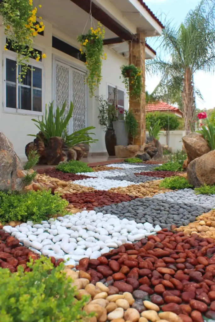 Garden surface with multi-color pebbles arranged in simple patterns