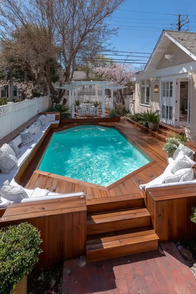 Multi-tier wooden deck with built-in bench seating around an above-ground pool