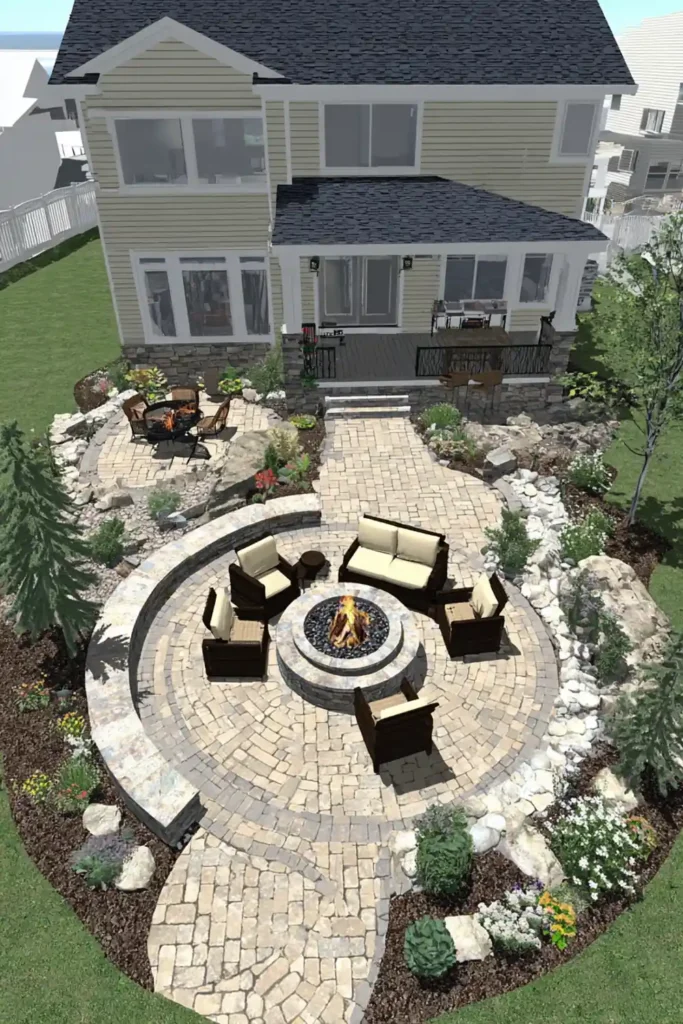 Smart Small Patio Designs That Enhance Space and Style 8 Multi-zone patio with central circular fire pit and separate seating areas