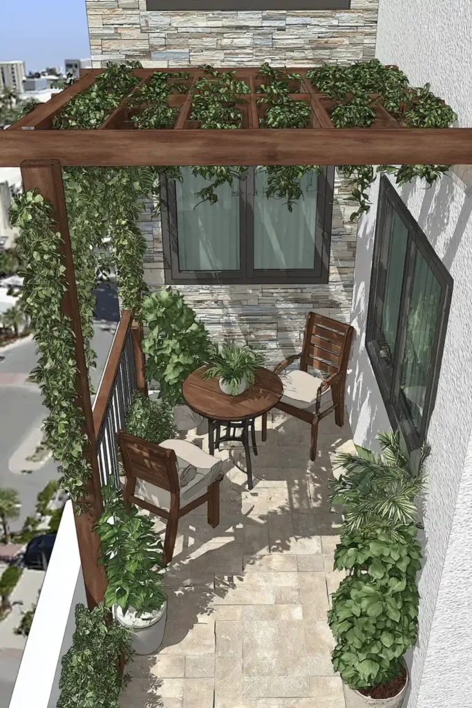 Smart Small Patio Designs That Enhance Space and Style 4 Narrow patio with small coffee table and vertical plants creating a cozy outdoor corner