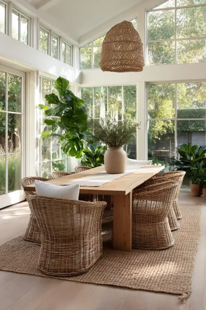 Beautiful Sunroom Dining Room Design Ideas 12 Sunroom dining room with oak table, rattan chairs, and jute rug