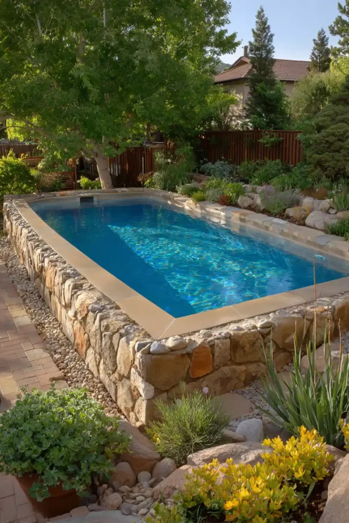 Above Ground Pool Retaining Wall Ideas That Make Your Backyard Feel Finished 2 Above ground pool surrounded by a natural stacked stone retaining wall with small garden plants