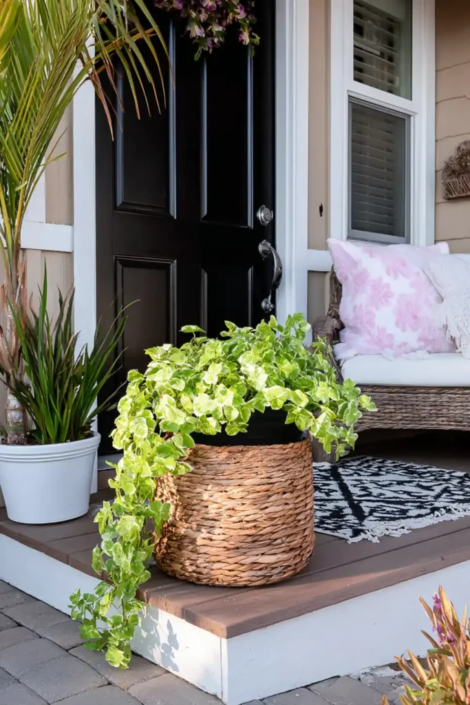 Woven nest-style planter with trailing greenery on a front porch step in soft daylight