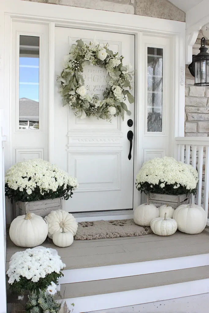 Fall Home Decor Tour: Cozy Neutral Ideas for Every Room 2 Neutral fall front porch with white pumpkins and cream mums arranged near the entrance