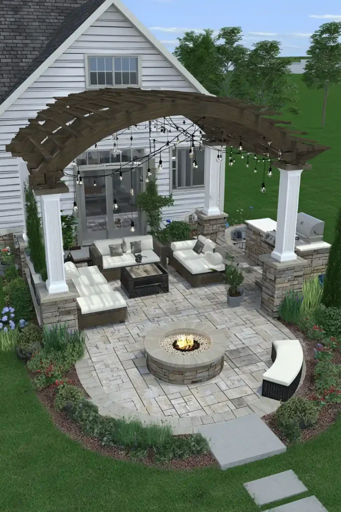 Smart Small Patio Designs That Enhance Space and Style 3 Open patio design with pergola, fire pit seating, and soft string lighting for evening gatherings