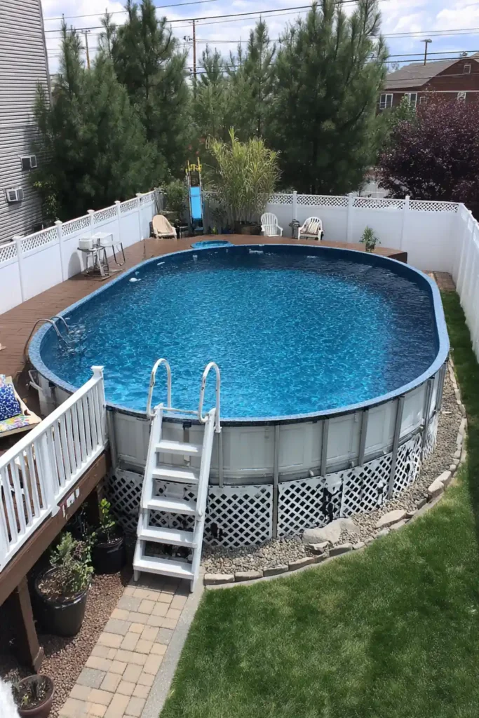 Oval above-ground pool with turquoise water and small wooden entry deck