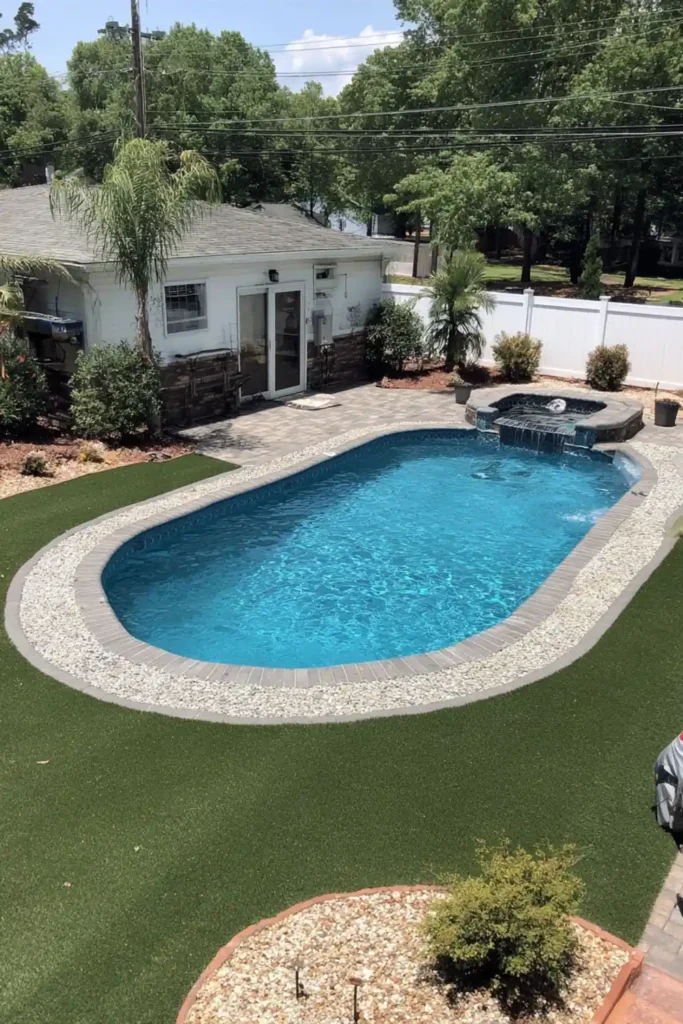 Oval semi in-ground pool with turquoise Caribbean teal water in a grassy backyard

24-Foot Round Semi In-Ground Pool for Balanced Backyard Layouts