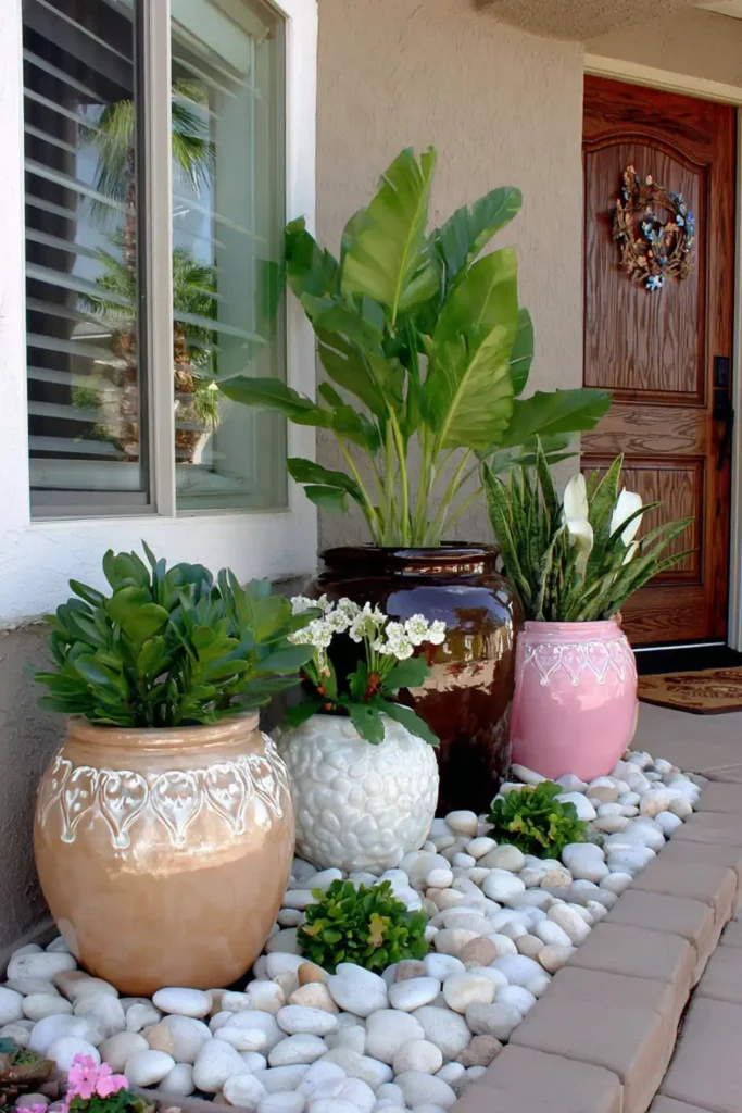 painted plant pots with ground cover plants adding color to a simple front yard