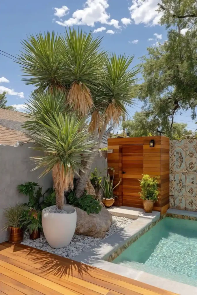 Painted pool privacy screen with geometric patterns in a backyard setting