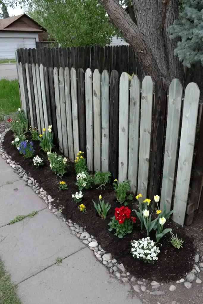 33 Privacy Fence Ideas That Make Your Yard Feel More Peaceful 26 DIY privacy fence made from reclaimed wooden pallets with flowers along the base