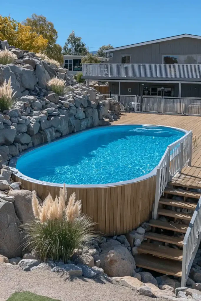 partially sunken above ground pool built into a sloped backyard with a stone retaining wall