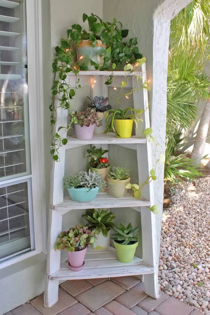 Creative Patio and Porch Decorations to Make Your Outdoor Space Feel Like Home 2 colorful ladder shelf with potted plants on a small patio