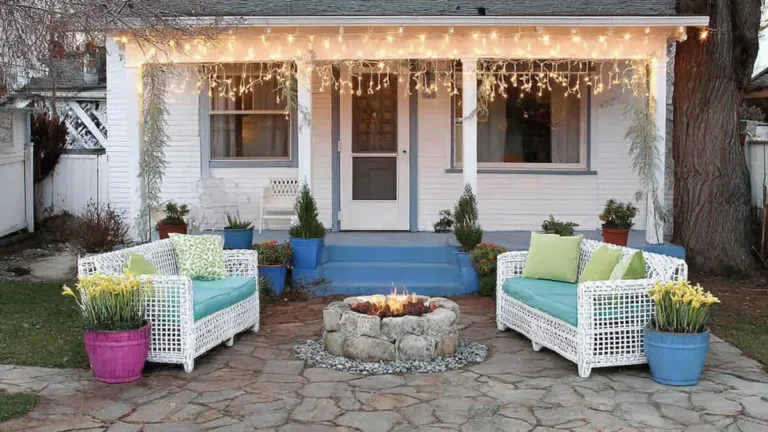 Creative Patio and Porch Decorations to Make Your Outdoor Space Feel Like Home 6 cozy patio and porch decorations with string lights, fire pit, and seating area