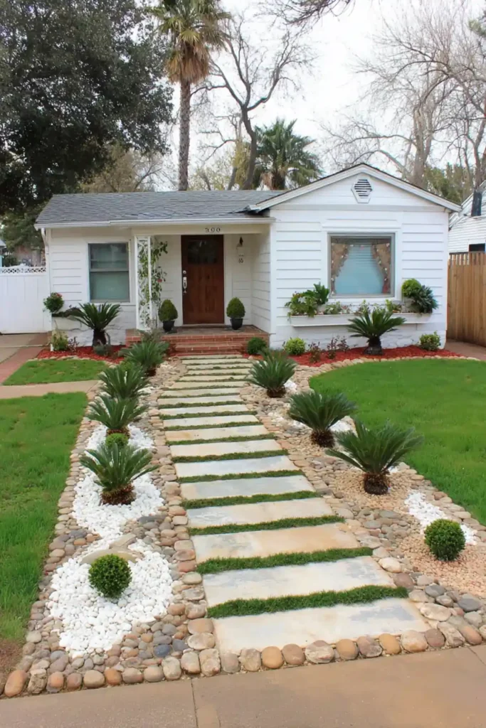 front yard with a neat paver walkway leading to the entrance