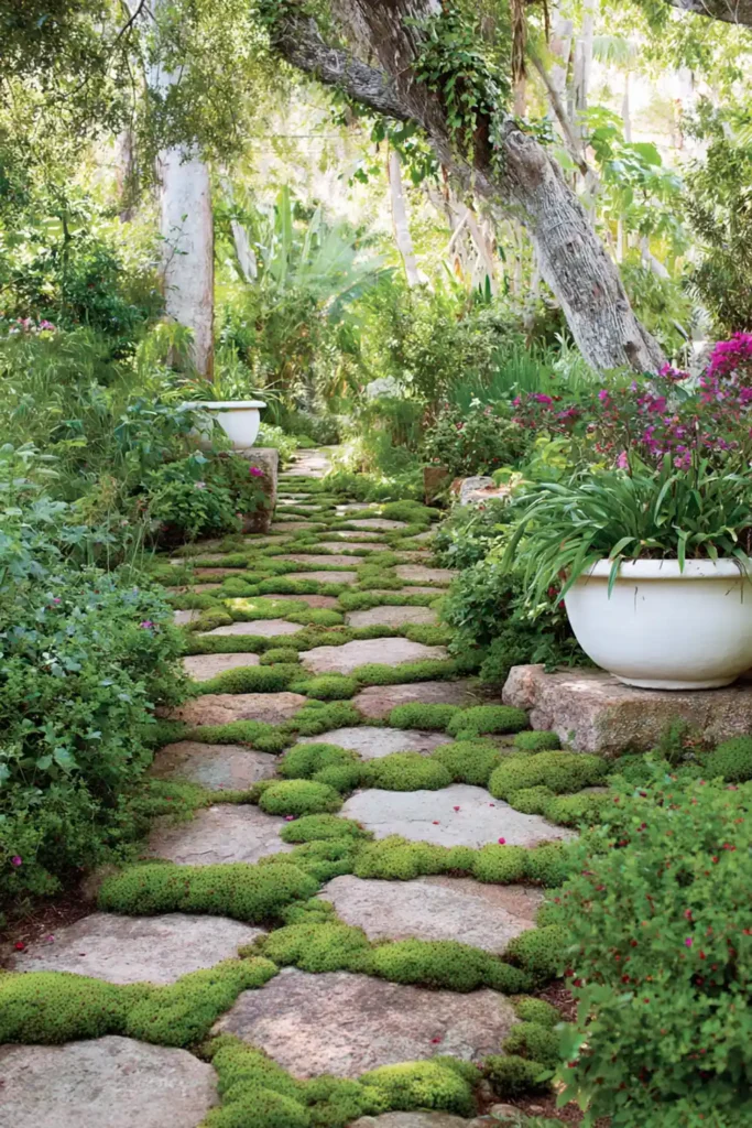 stone garden walkway with green ground cover growing between pavers
