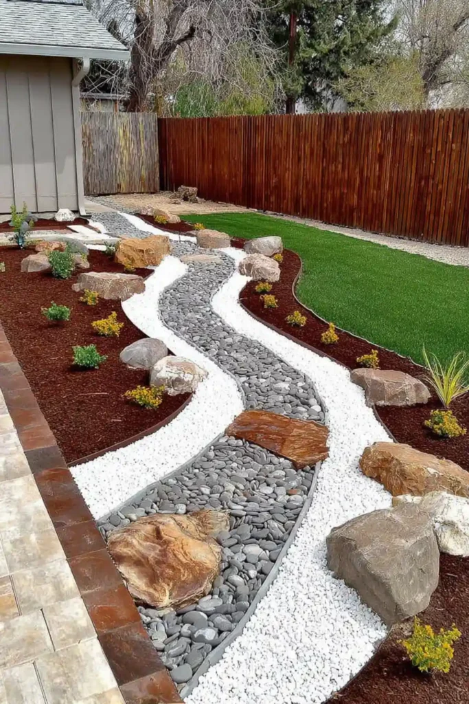 Dry river design with pebbles and large stones adding depth to a backyard edge