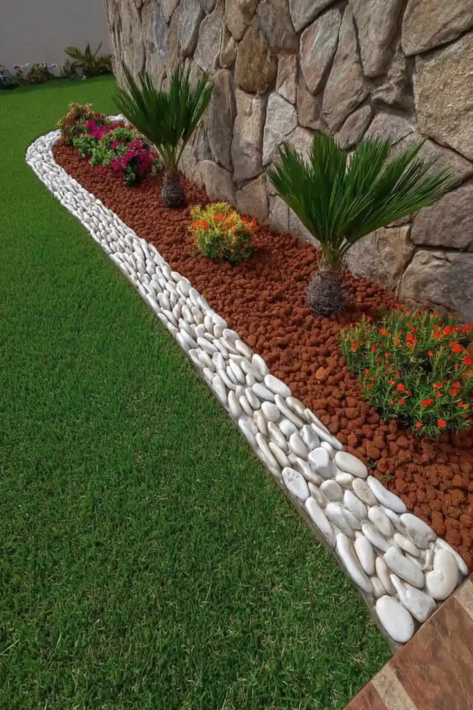 Pebble edging forming a clean border between lawn and garden bed