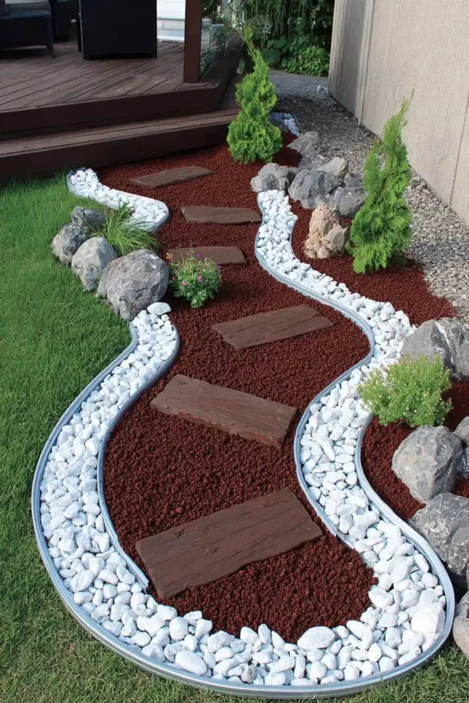 Pebble garden with curved edging and wooden planks used as stepping elements