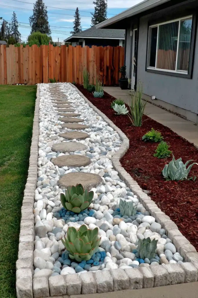 Garden bed with stone pavers and pebbles creating a structured edge