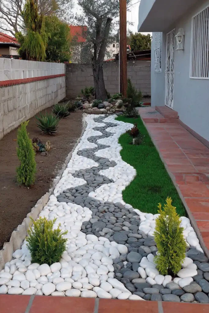 Pebble-filled strip between walkways using grey and white stones with small shrubs