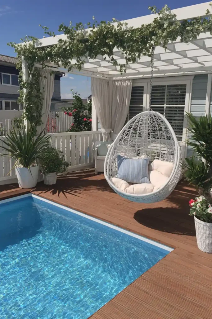 above ground pool next to a pergola lounge with hanging chair and curtains