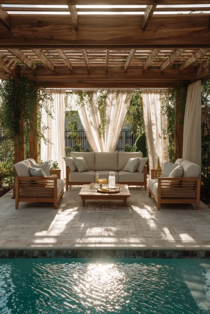 Stunning Backyard Pool Lounge Decor Ideas 6 Backyard pool lounge decor under wooden pergola with cushioned outdoor seating