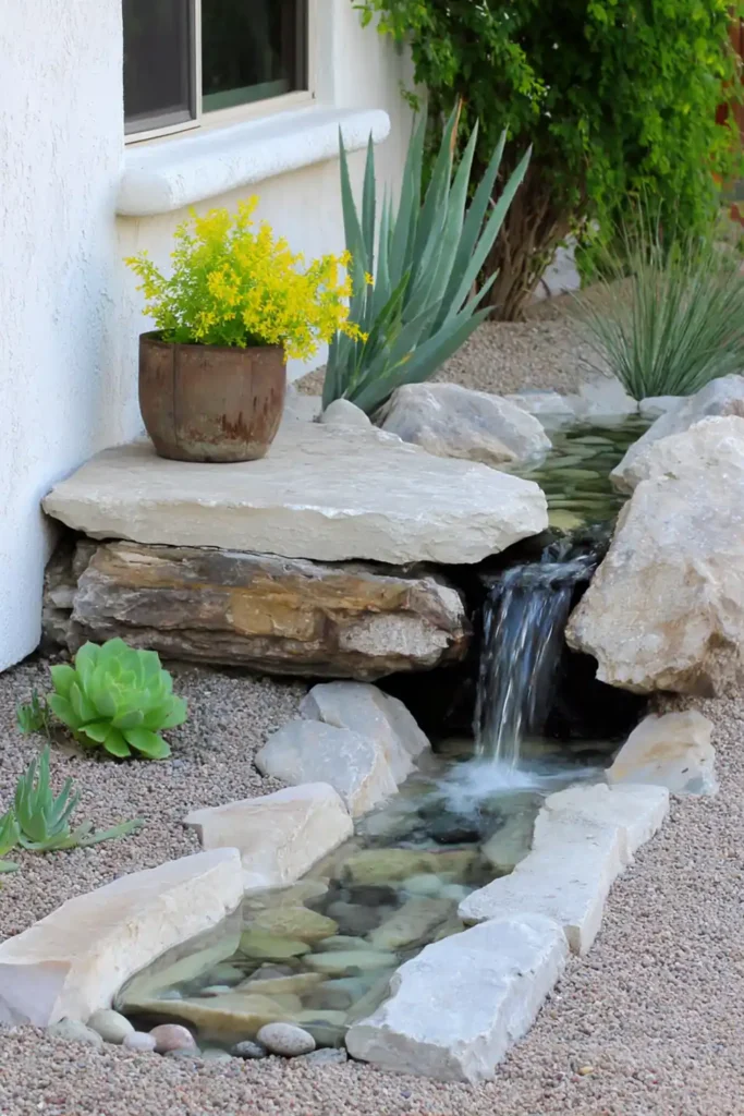 small pondless water feature with stones in a front yard