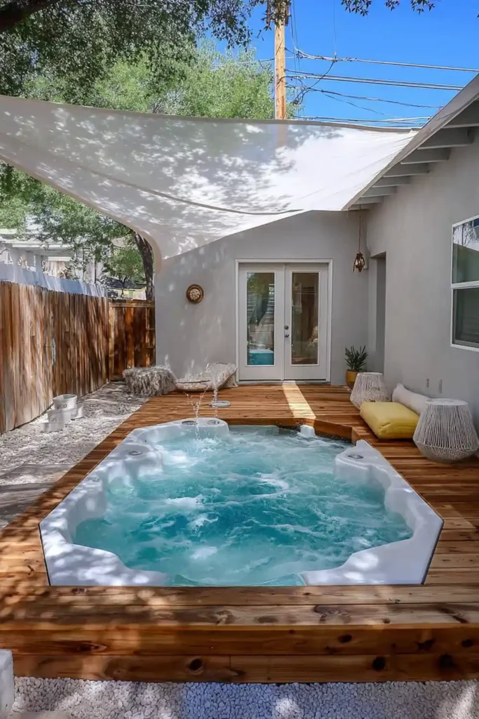 Pool deck corner with shade sail and small fountain creating a relaxing spot