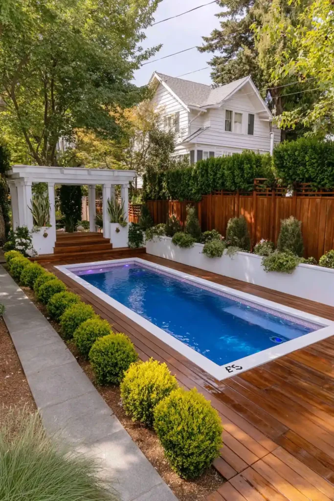 Matching wooden fence with boxwood shrubs around an above-ground pool deck