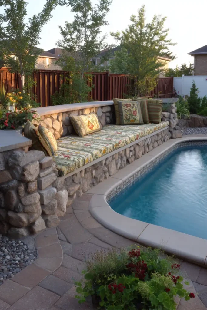 Above Ground Pool Retaining Wall Ideas That Make Your Backyard Feel Finished 4 Stone retaining wall around an above ground pool featuring built-in bench seating with outdoor cushions