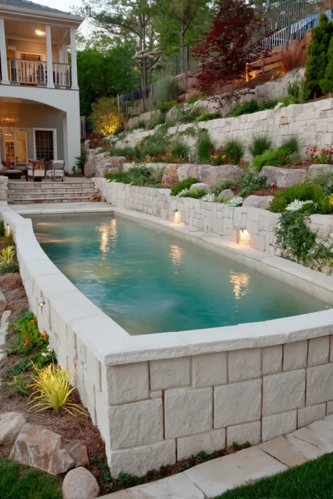 Above Ground Pool Retaining Wall Ideas That Make Your Backyard Feel Finished 9 Above ground pool retaining wall illuminated by solar garden lights during the evening