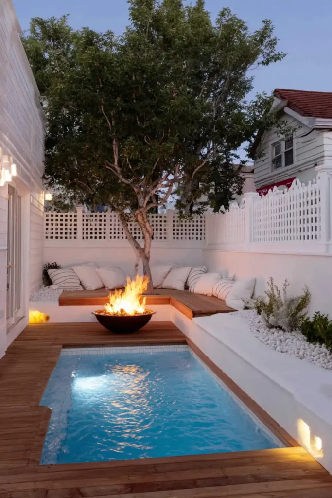 Poolside bench with a small fire pit creating a cozy evening seating area