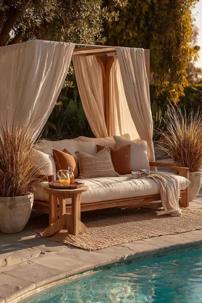 Stunning Backyard Pool Lounge Decor Ideas 5 Backyard pool lounge decor featuring outdoor daybed with canopy and pillows