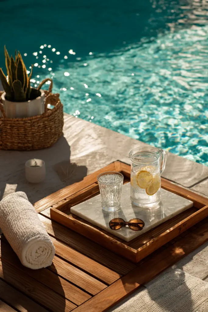 Stunning Backyard Pool Lounge Decor Ideas 13 Backyard pool lounge decor accessories with towels, drinks, and outdoor tray styling