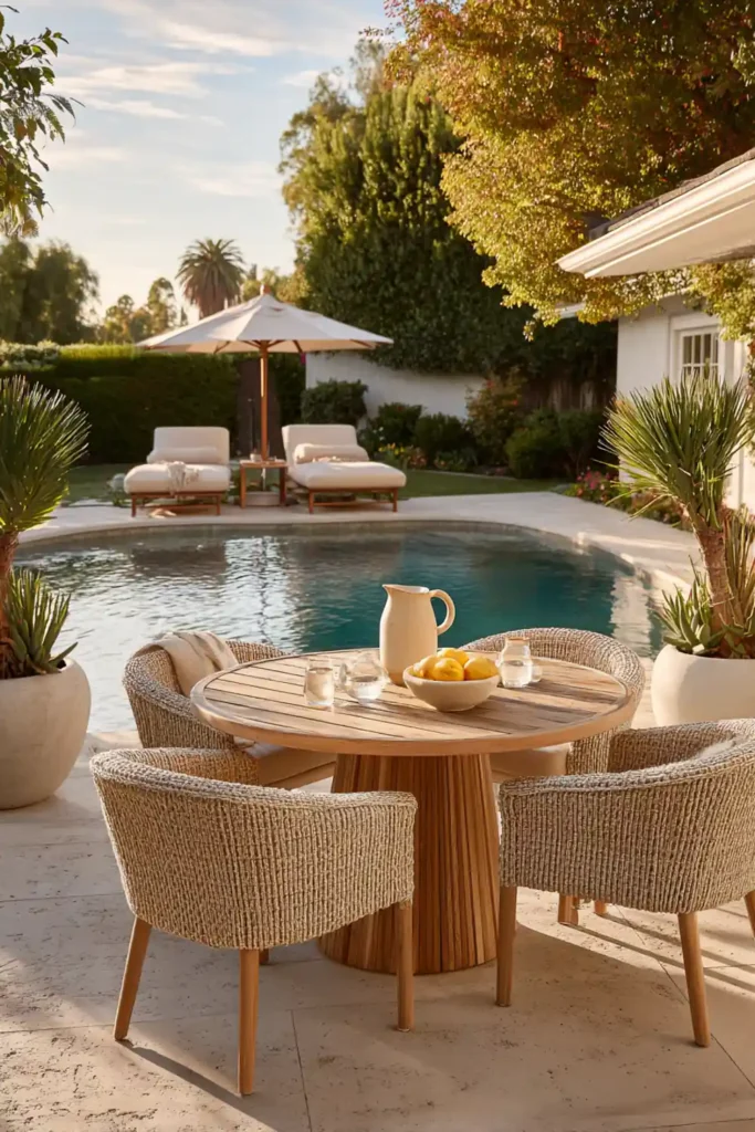 Stunning Backyard Pool Lounge Decor Ideas 9 Backyard pool lounge decor with dining table and chaise lounges beside pool