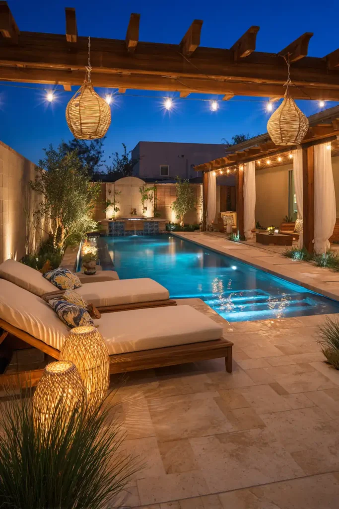 Stunning Backyard Pool Lounge Decor Ideas 11 Backyard pool lounge decor with string lights and lantern lighting at night