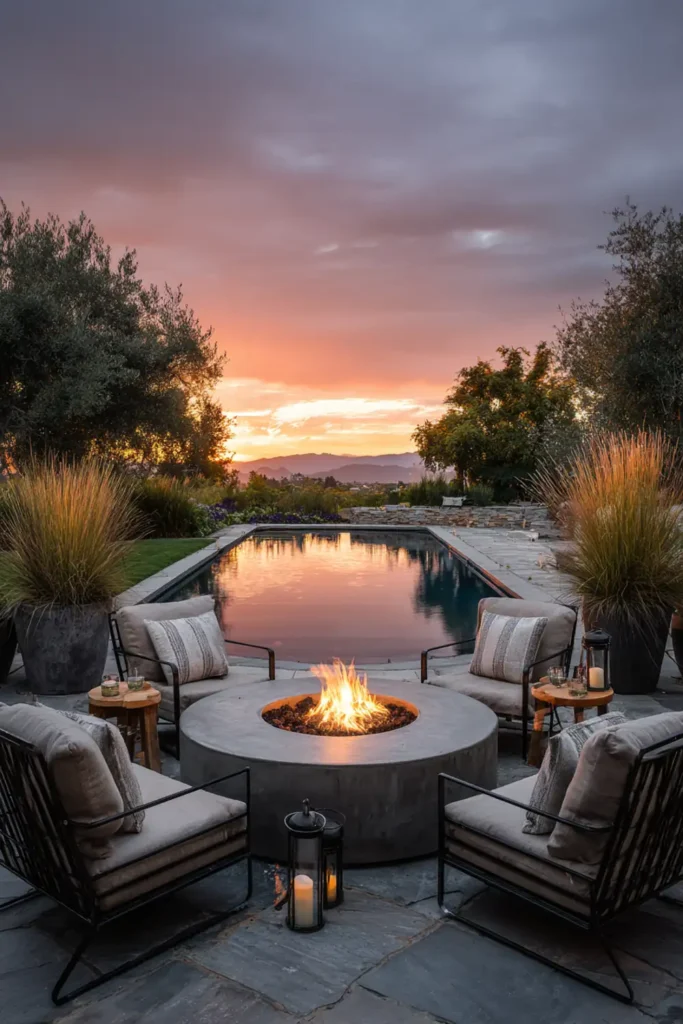 Stunning Backyard Pool Lounge Decor Ideas 8 Backyard pool lounge with fire pit seating area beside swimming pool at sunset