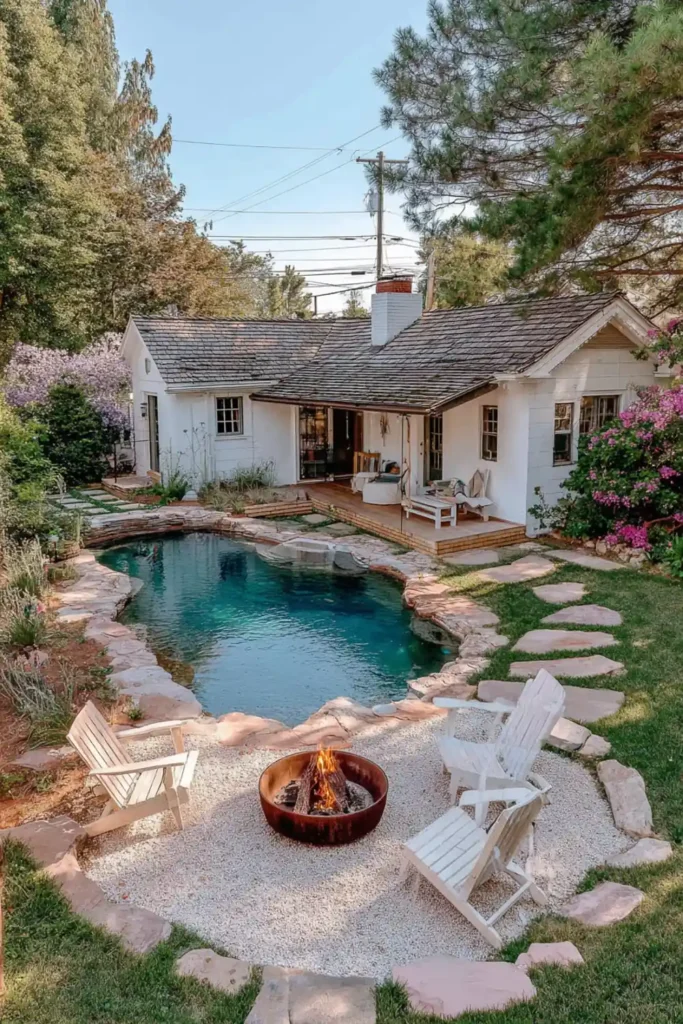 Poolside patio with fire pit and seating for evening gatherings