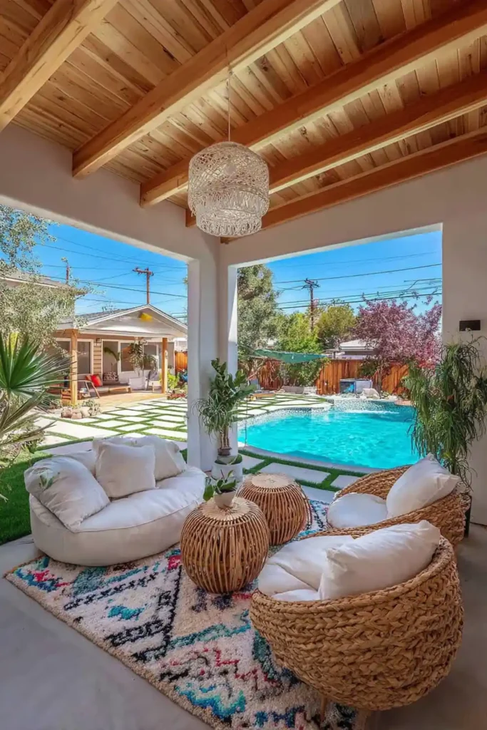 Pergola lounge next to pool with cushioned seating and outdoor rug