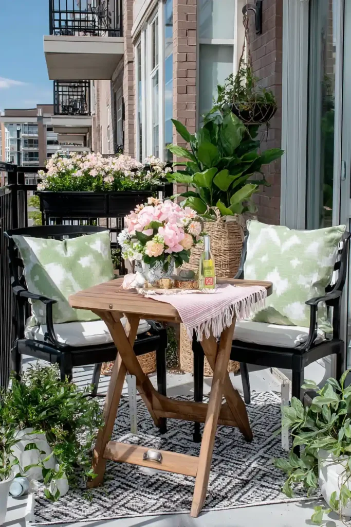 Small porch table styled with flowers and simple linens in natural summer light