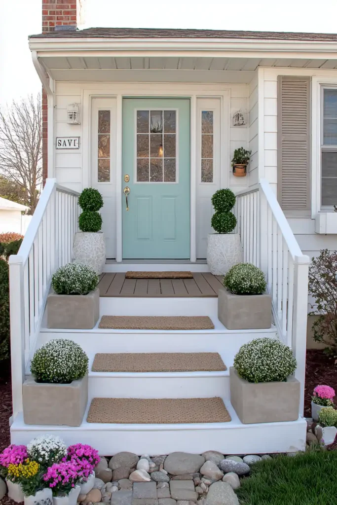 front door framed by two potted topiary plants in matching containers